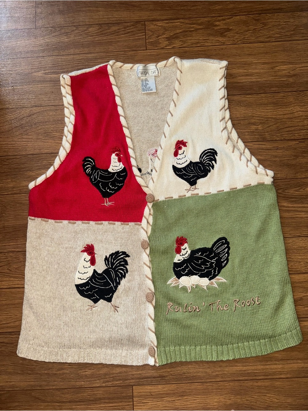 Vintage 90s Mandal Bay Knit Chicken Rooster Embroidered Sweater Vest Size Xl - Picture 2 of 13